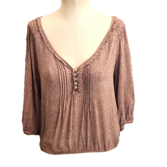 WOMENS ZARA tan with brown & blue polka dot abalone button top size Smal… - Picture 1 of 16
